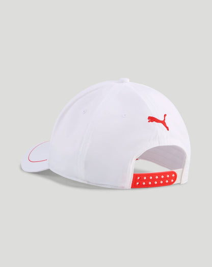 Back view of white F1 Fanwear unisex baseball cap with red Puma logo and red adjustable strap