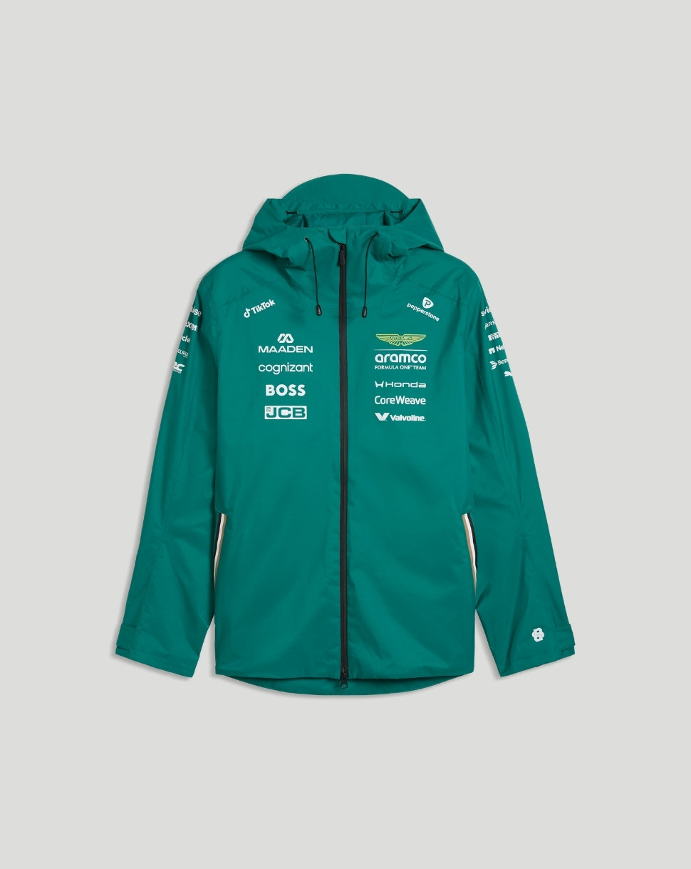 Front view of green Aston Martin F1 Men's Team Rain Jacket with hood and sponsor logos