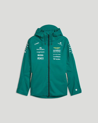 Front view of green Aston Martin F1 Men's Team Rain Jacket with hood and sponsor logos