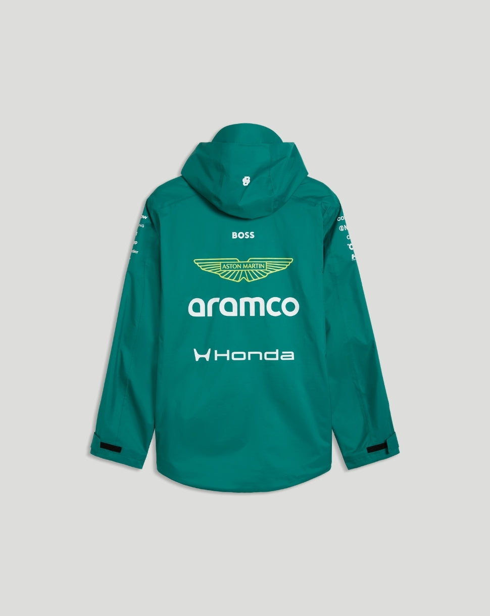 Back view of teal Aston Martin F1 Men's Team Rain Jacket with large sponsor graphics on the back