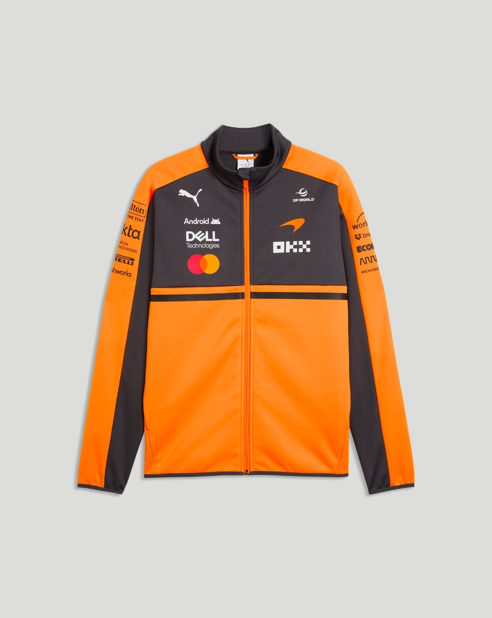 Front view of McLaren Team Softshell Jacket in Papaya orange and dark gray with sponsor logos.