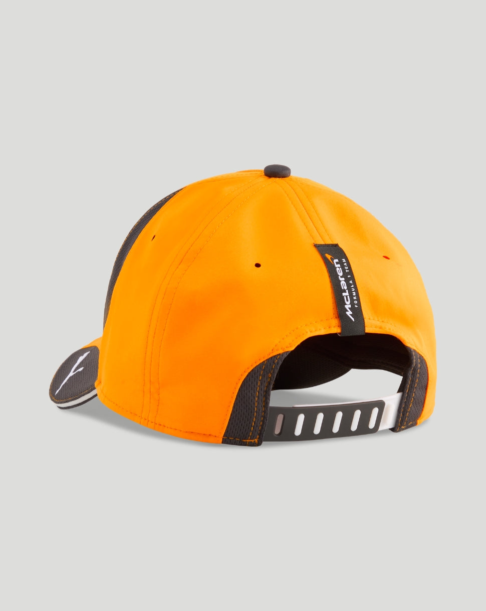 Back view of the papaya orange McLaren Junior Team Cap with curved brim and adjustable snapback closure