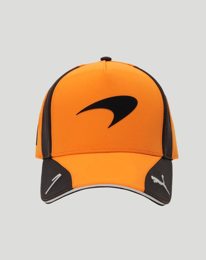 Back view of Papaya orange McLaren Norris cap with adjustable strap and McLaren badge.