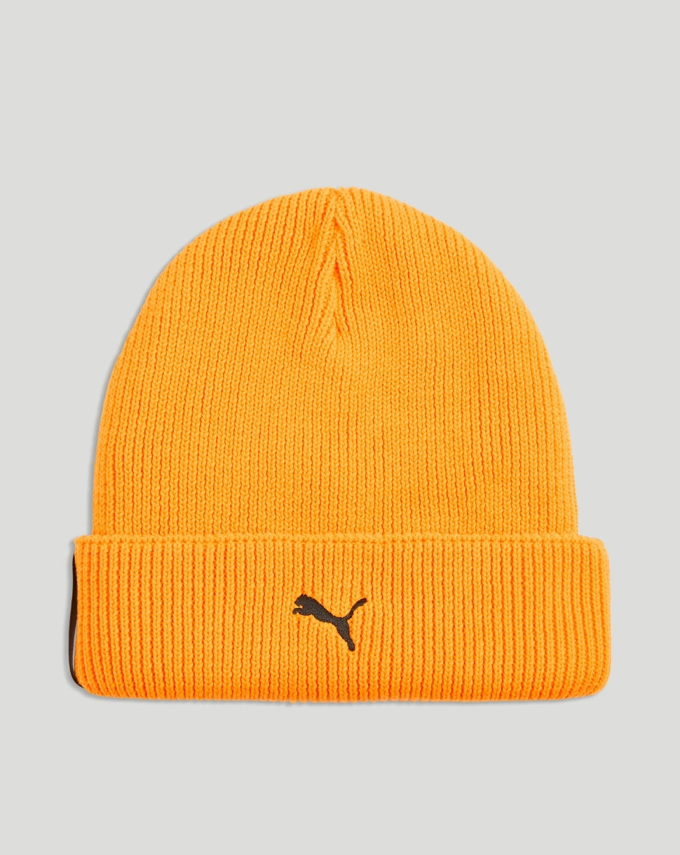 Bright papaya orange McLaren team beanie with folded cuff and black Puma logo