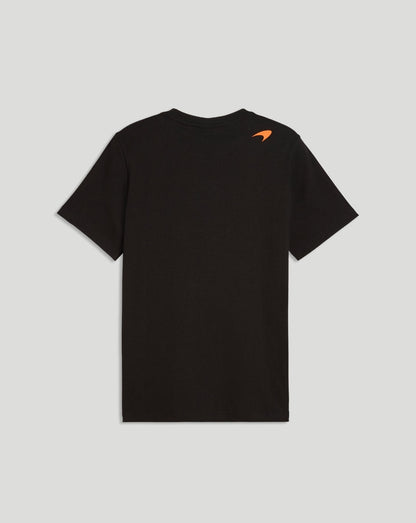 Back view of black McLaren T-shirt featuring the orange Speedmark logo on the upper back.