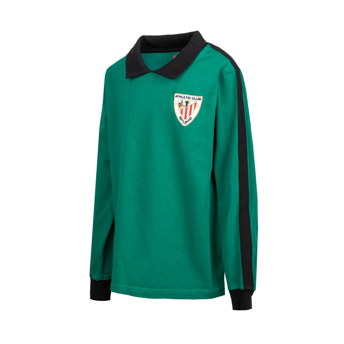 Green junior retro long sleeve goalkeeper shirt with black collar and club crest on the chest.