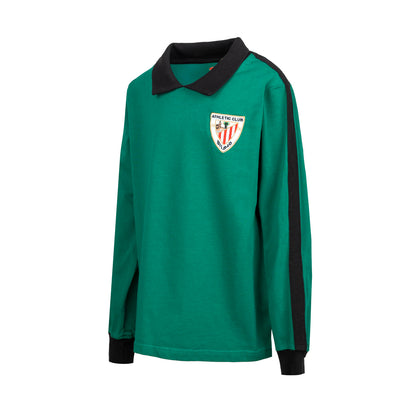 Green junior retro long sleeve goalkeeper shirt with black collar and club crest on the chest.