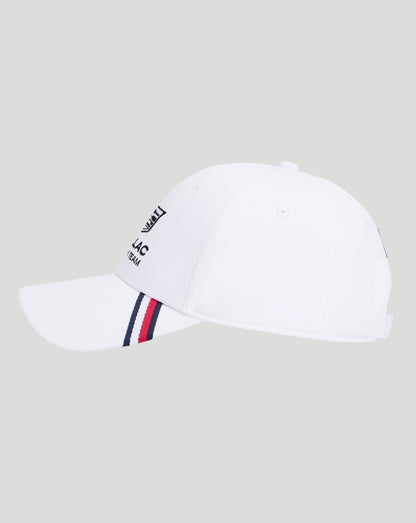 White Cadillac Formula 1 Team cap side view with red white navy stripe on the brim and back strap