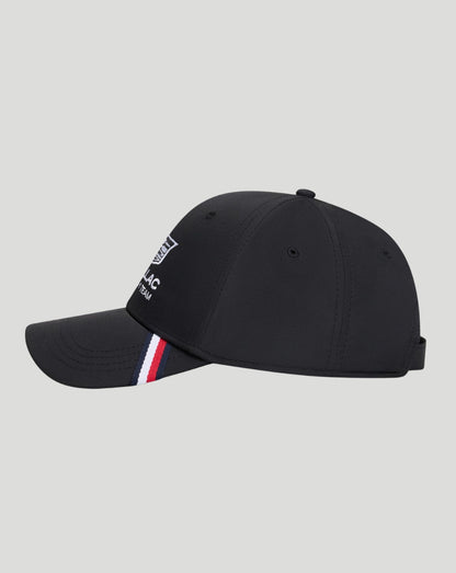 Side view of black Cadillac Formula 1 Team cap with embroidered logo and red white blue striped detail on the brim.