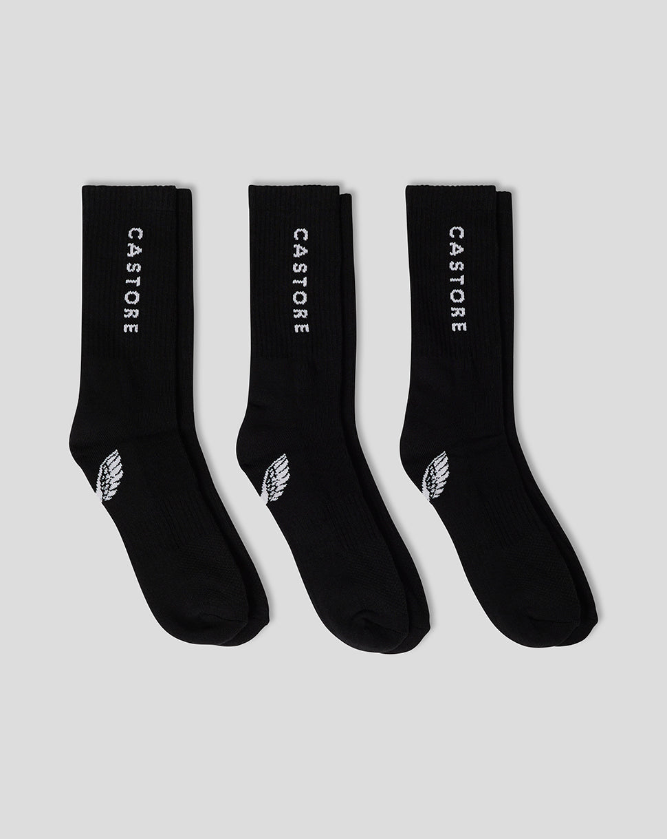 Three black Cushioned Crew Socks with white Castore branding shown side by side.