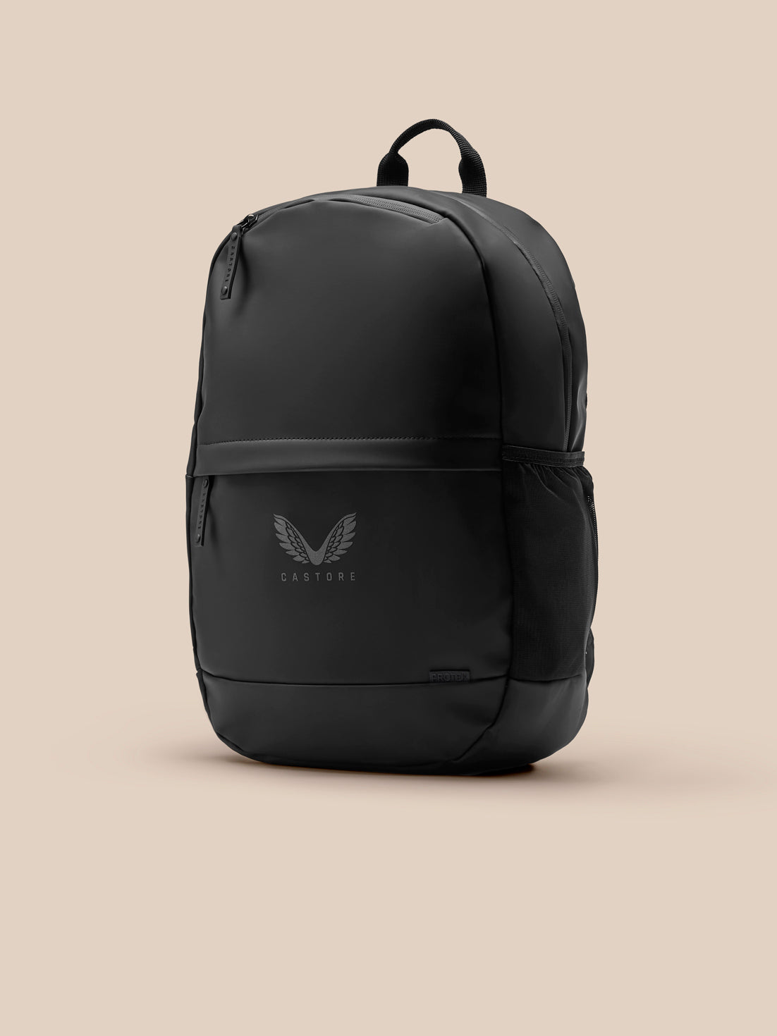 Core Backpack in black with padded back, adjustable shoulder straps, front zip pocket and Castore logo
