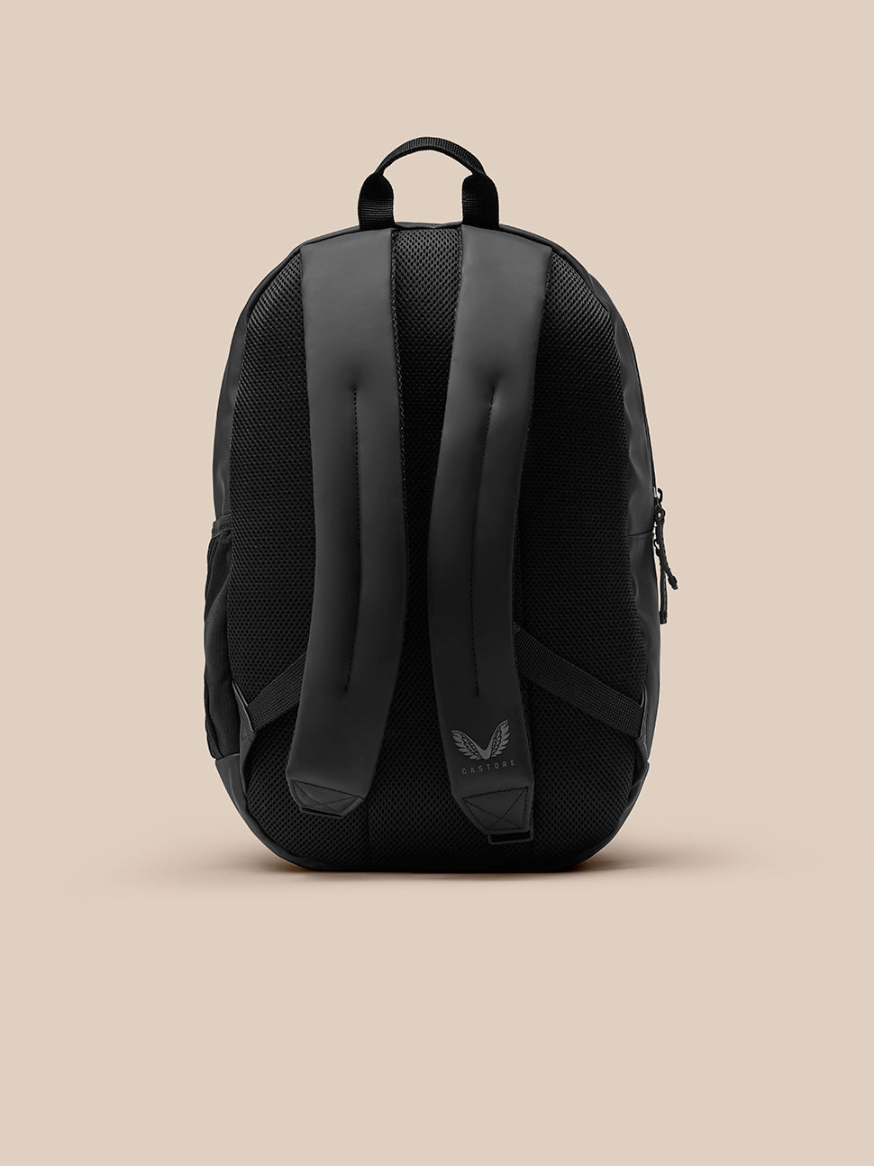 Back view of navy Core Backpack showing padded shoulder straps and breathable back panel