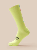Bright green sock with text on a beige background