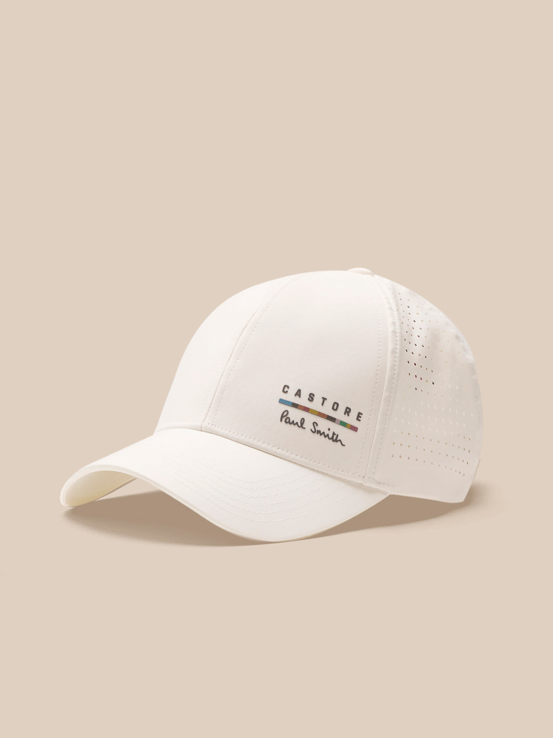 White cap with branding on a beige background