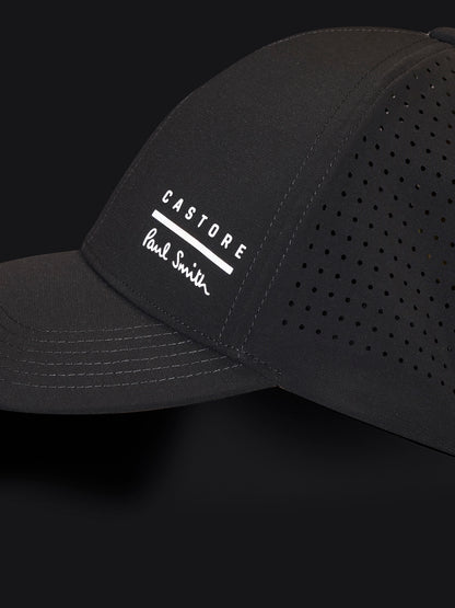 Grey cap with a brand logo on a black background