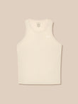 Back view of stone Adapt Training Tank Top with racerback and dropped hem.