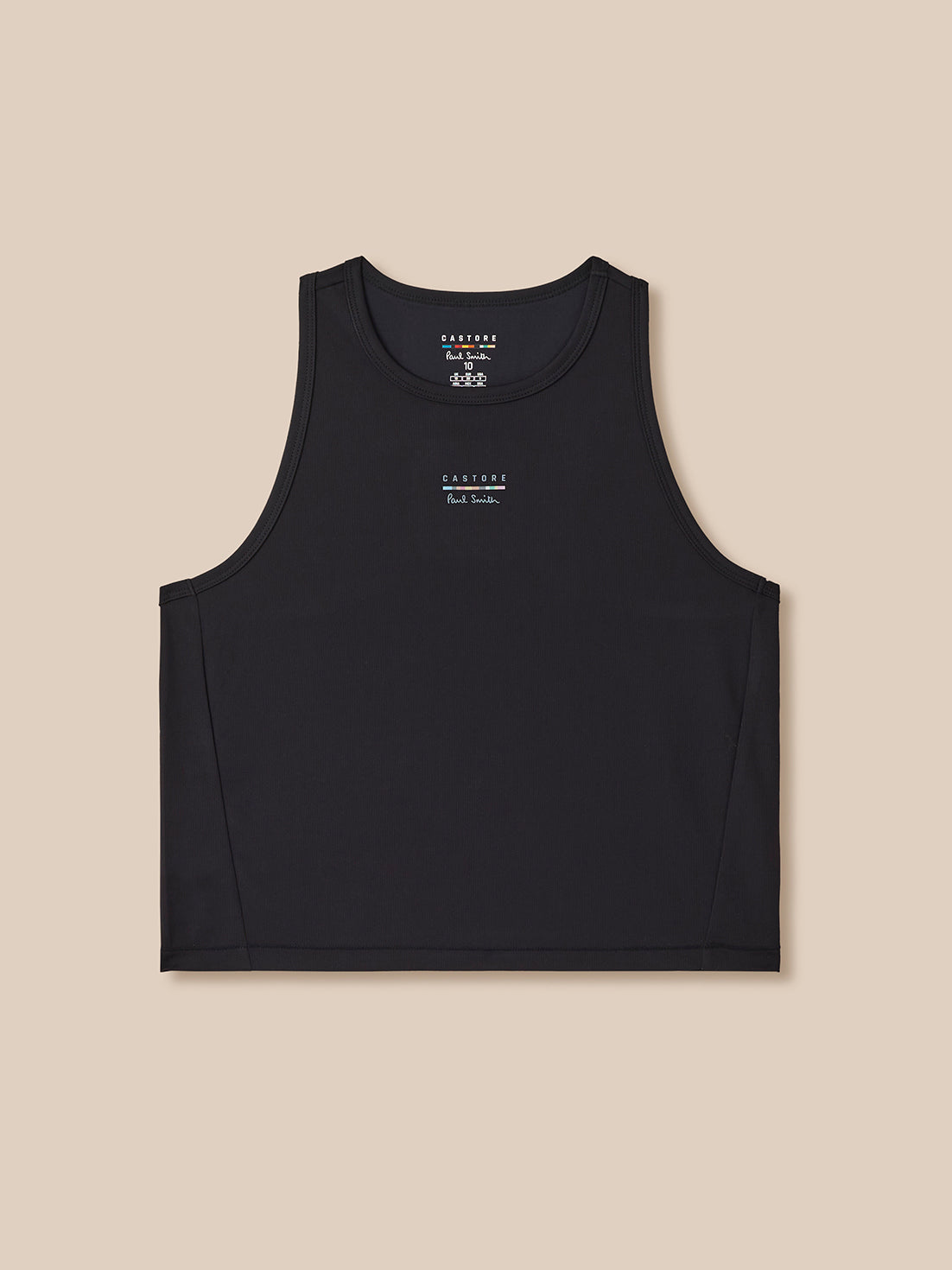 Black tank top with branding on a beige background