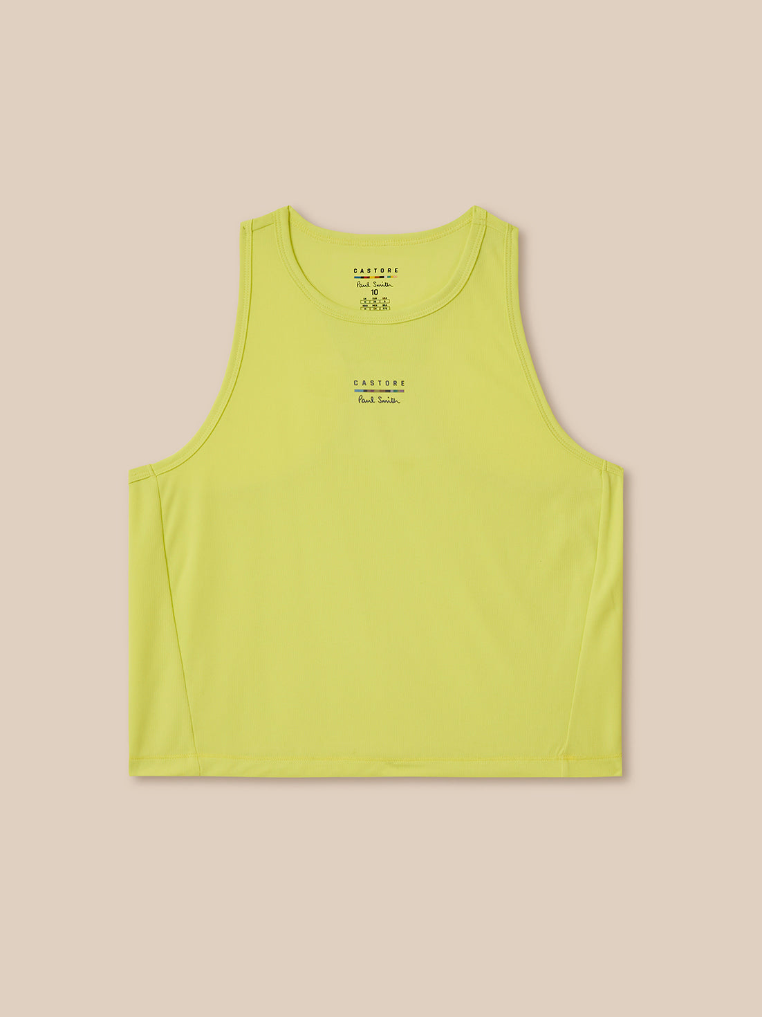 Yellow tank top with text on a beige background