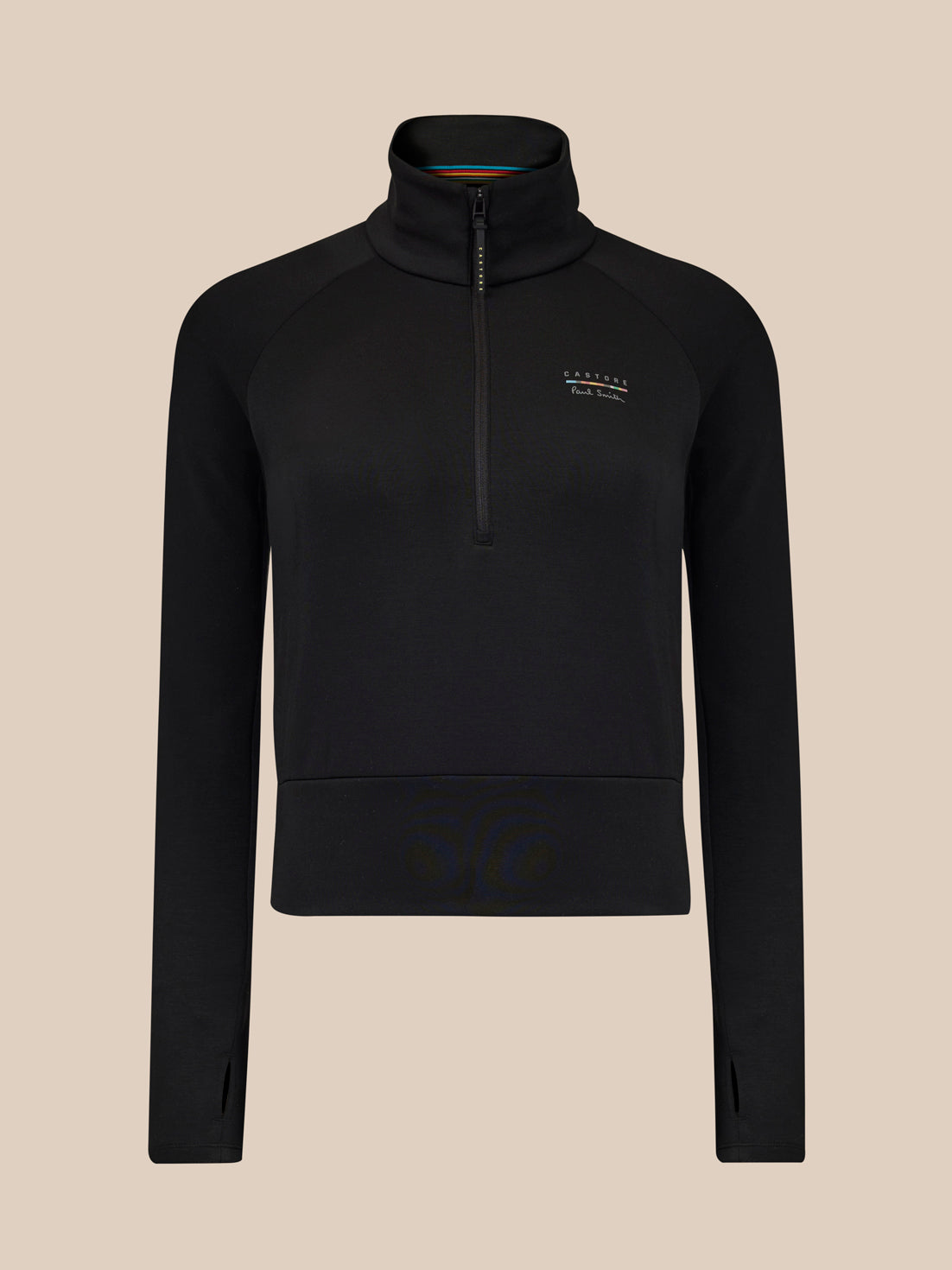 Black half-zip sweatshirt on a beige background