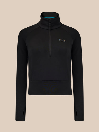 Black half-zip sweatshirt on a beige background
