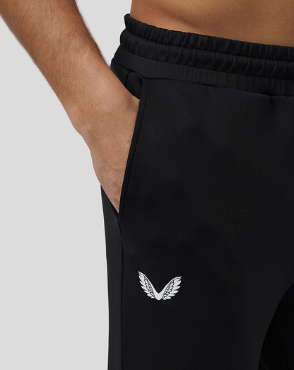 Close-up of black Flex Joggers showing side branding and pocket detail with a white wing logo