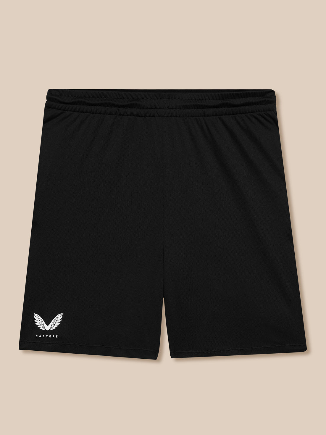 Back view of black shorts with elastic waistband and Castore wing logo at left hem.