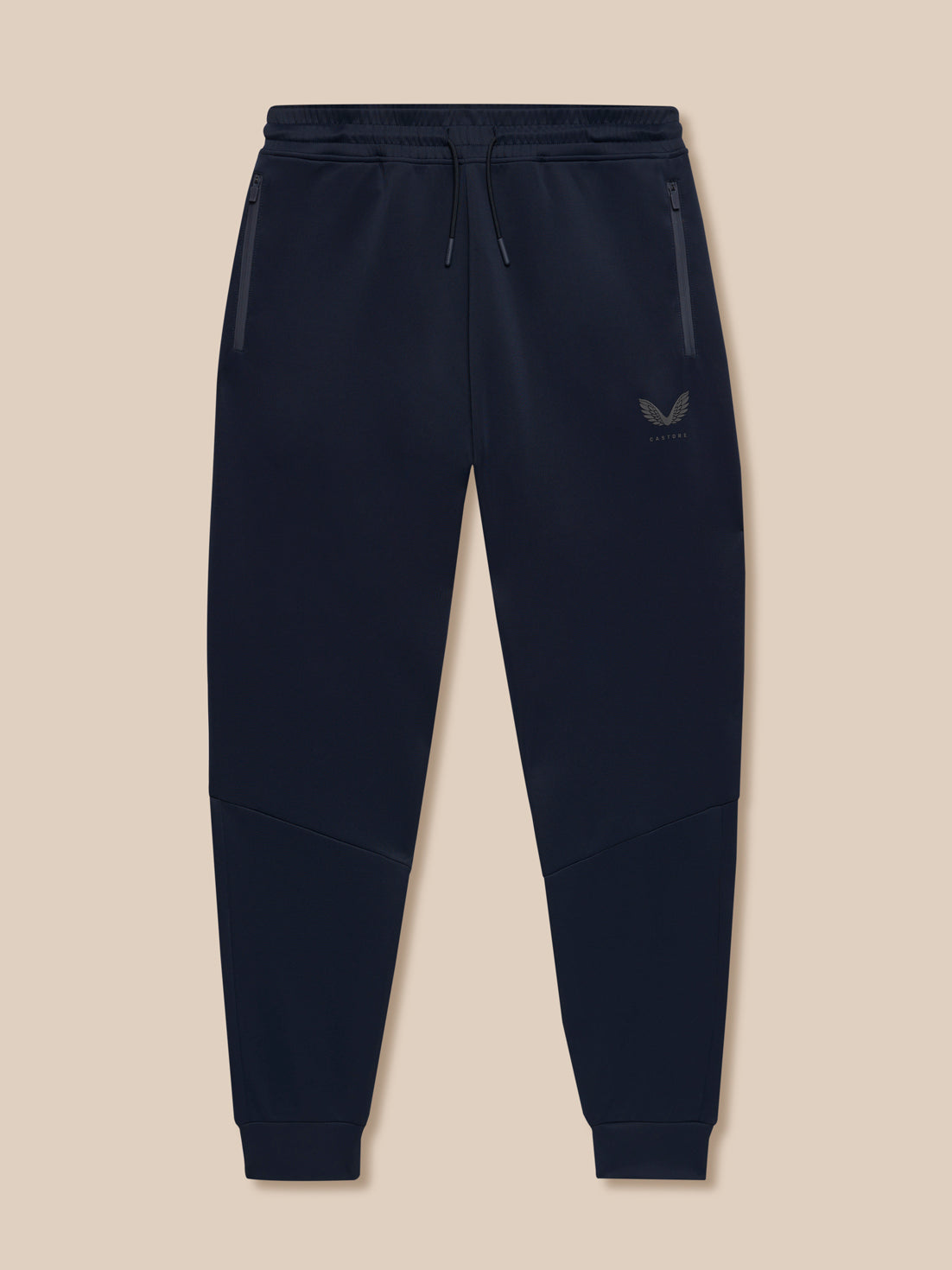 Flat lay of navy Flex Lifestyle Joggers with a drawstring waist and external zip pockets.