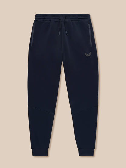 Flat lay of navy Flex Lifestyle Joggers with a drawstring waist and external zip pockets.