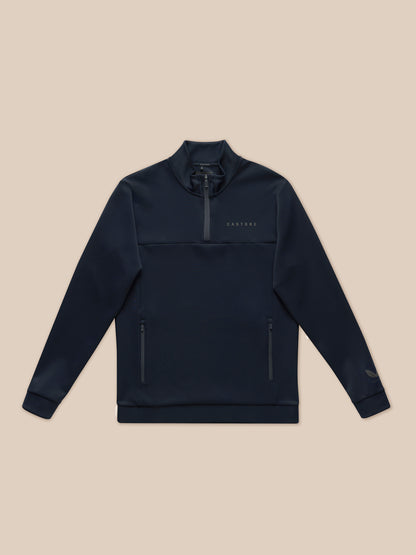 Navy Flex Lifestyle 1/4 Zip top laid flat with zip pockets and Castore branding