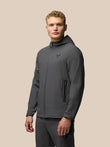 Charcoal Lightweight Flex Jacket worn by a male model hooded front zip left chest branding