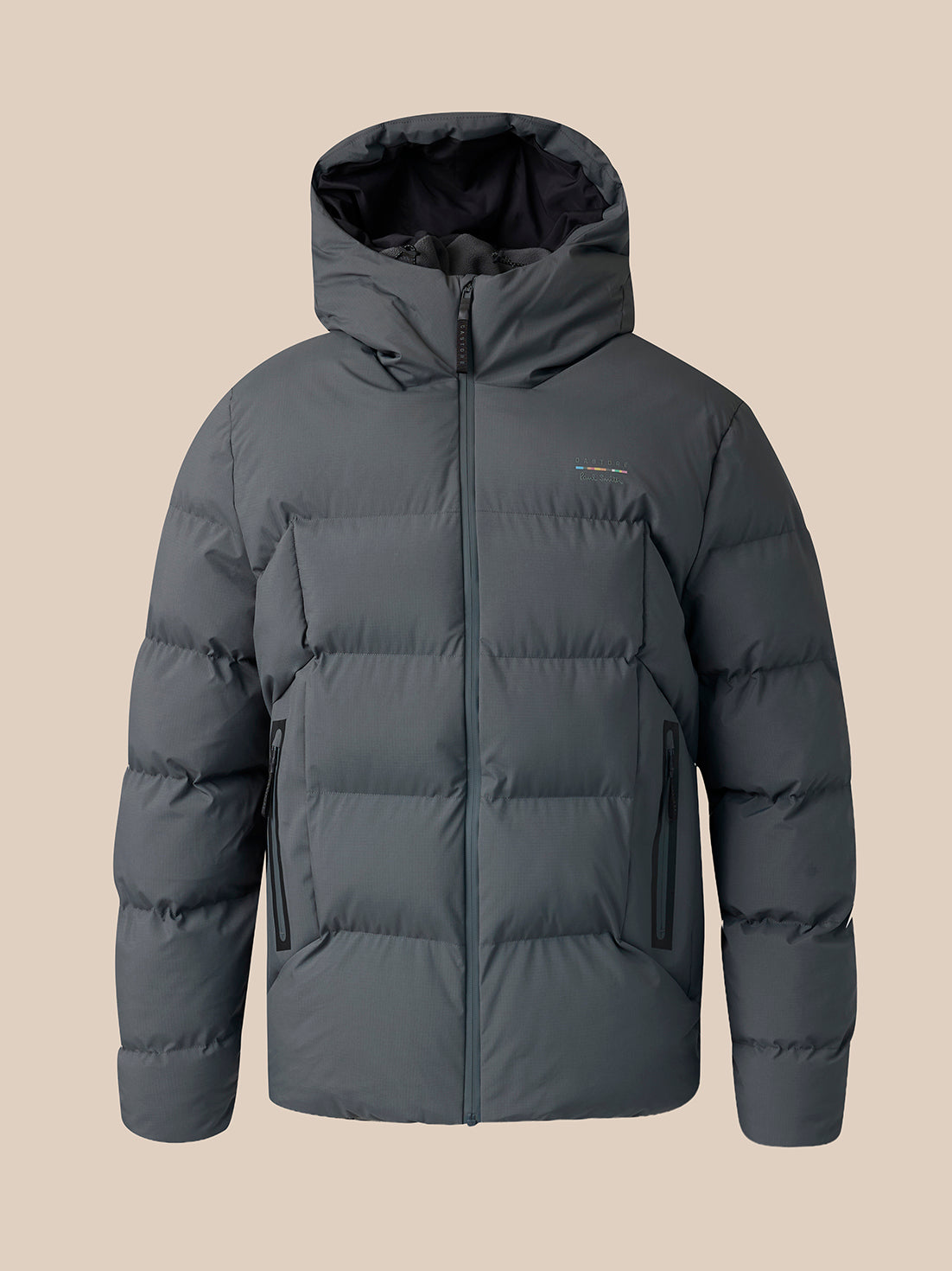 Grey hoodie with a logo on the chest against a white background