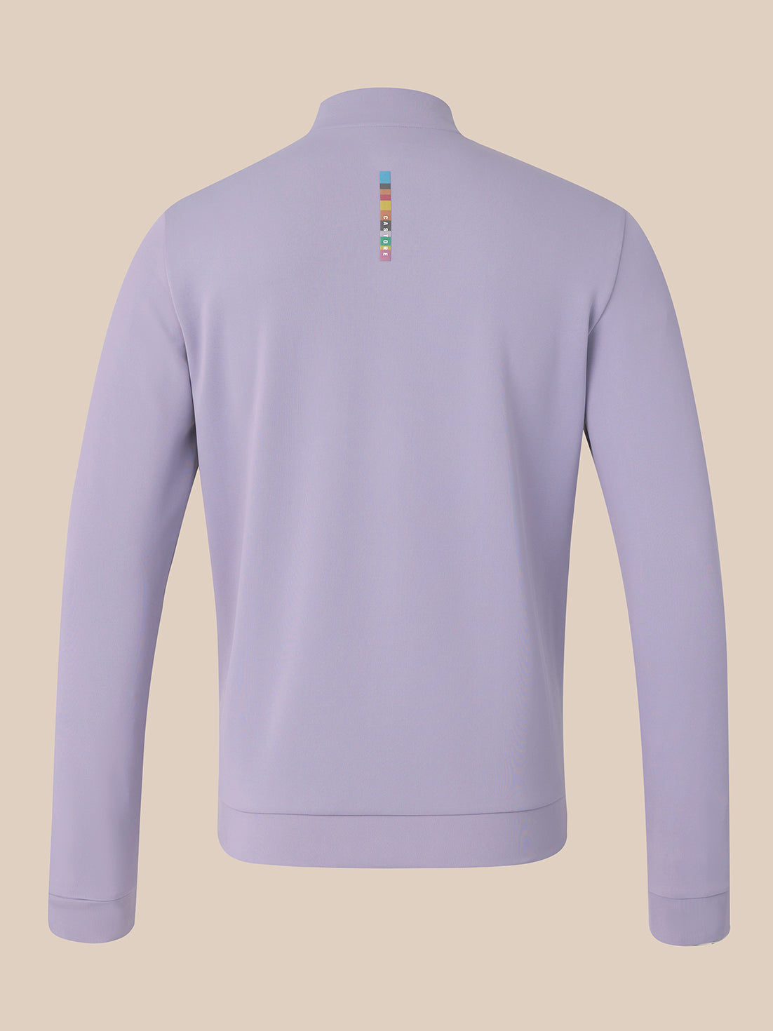 A light purple long-sleeve quarter-zip sweatshirt shown from the back, featuring a small colorful vertical logo on the upper back, set against a solid beige background.