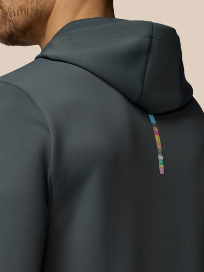 Dark gray hoodie with a colorful label on the back