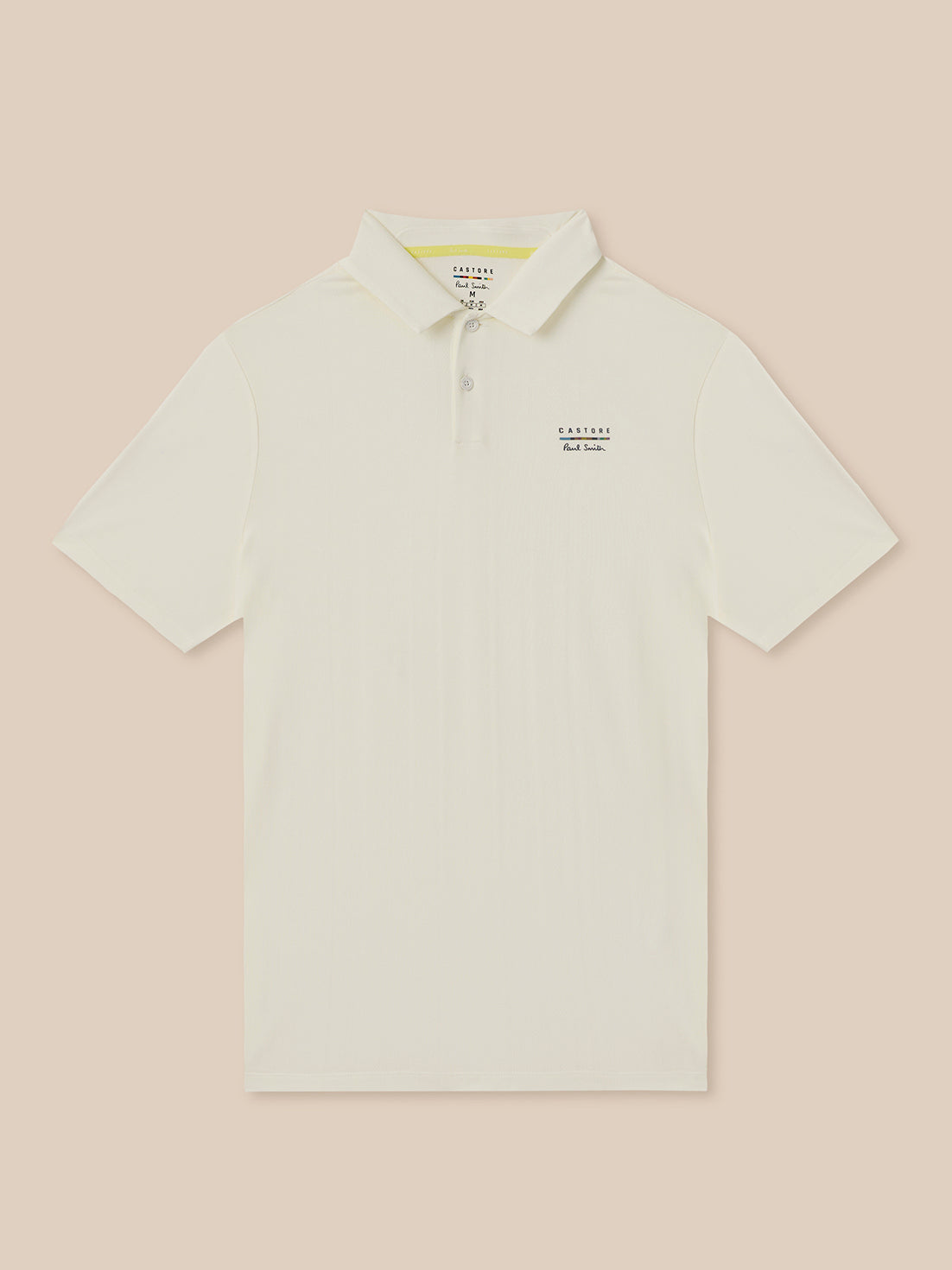 White polo shirt with text on a light pink background