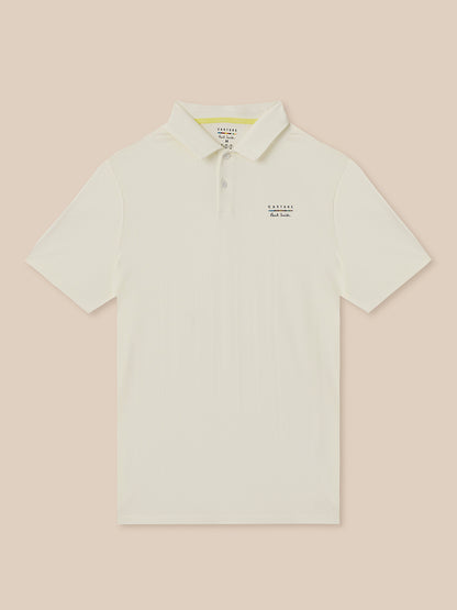 White polo shirt with text on a light pink background