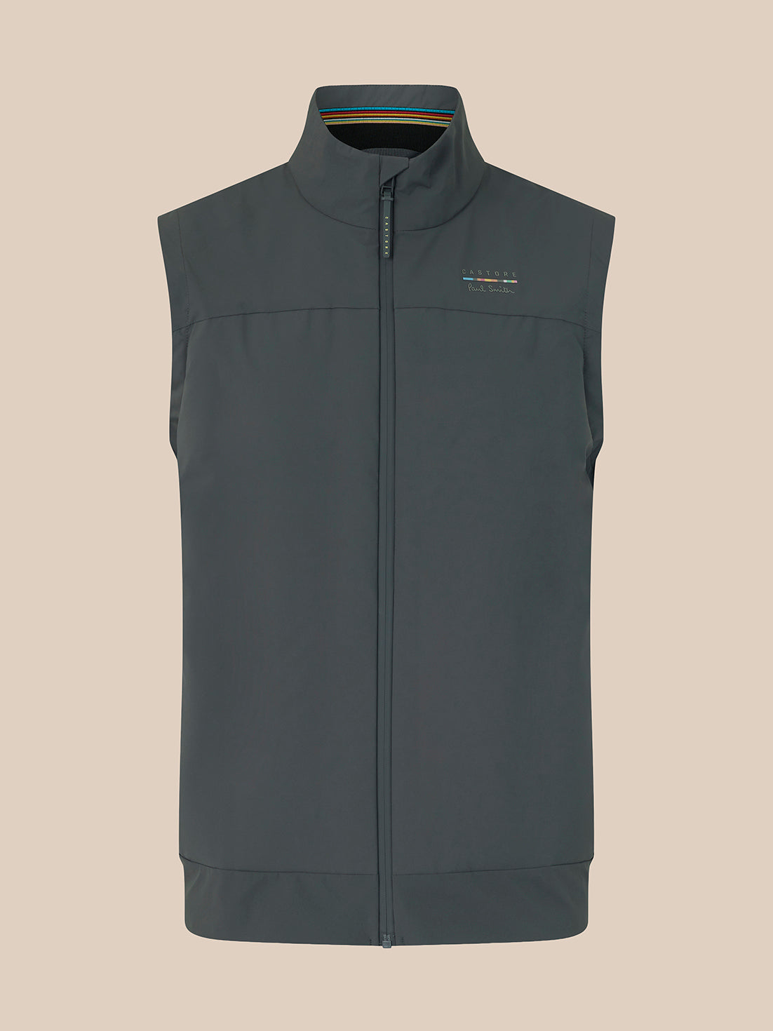 A dark gray sleeveless zip-up vest with a stand-up collar, shown flat against a solid beige background. A small embroidered logo is visible on the left chest.