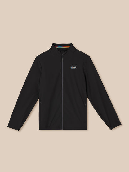 Black jacket with a brand logo on a beige background