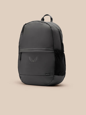 Core Backpack in gunmetal, close-up of the top handle and zipper with a Castore logo on the front pocket.