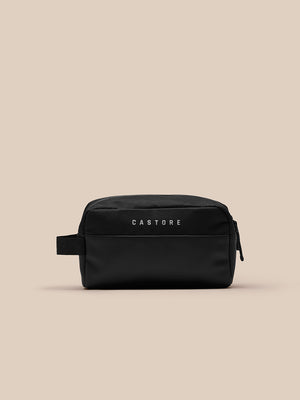 Black wash bag with front pocket, top zipper and side carry strap
