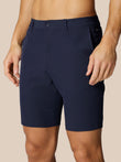 Men's navy golf shorts with belt loops and back pocket