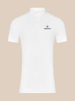 White Majesticks polo shirt front with left chest logo and three-button placket