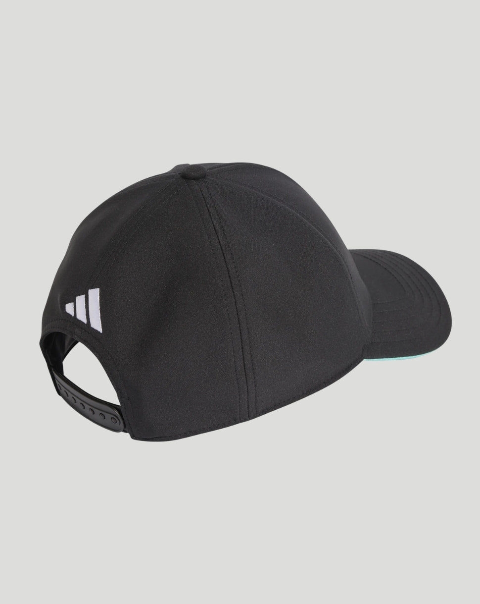 Rear view of black Mercedes AMG Petronas F1 Team Driver Cap with white Adidas logo and adjustable strap
