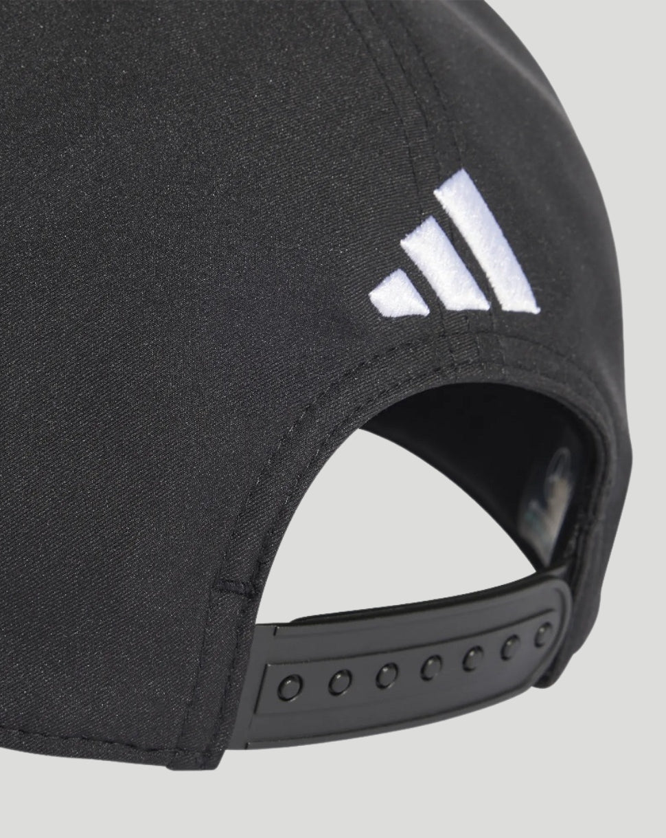 Back view of black Mercedes AMG Petronas F1 cap with white three stripe logo and adjustable strap