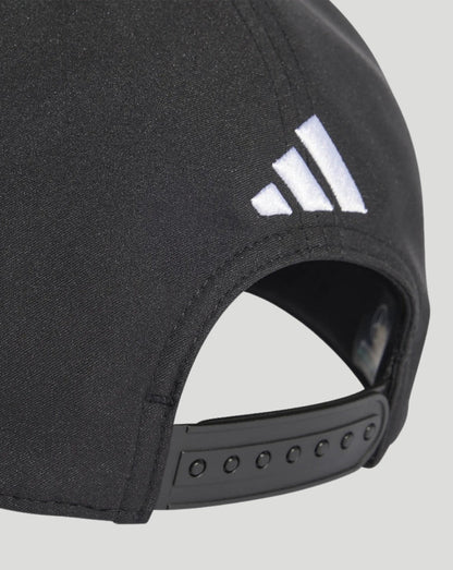 Back view of black Mercedes AMG Petronas F1 cap with white three stripe logo and adjustable strap