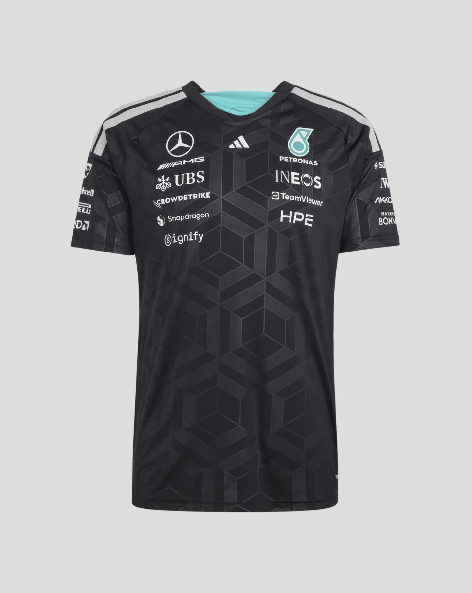 Black Mercedes AMG Petronas F1 team men's driver T-shirt with sponsor logos across the chest