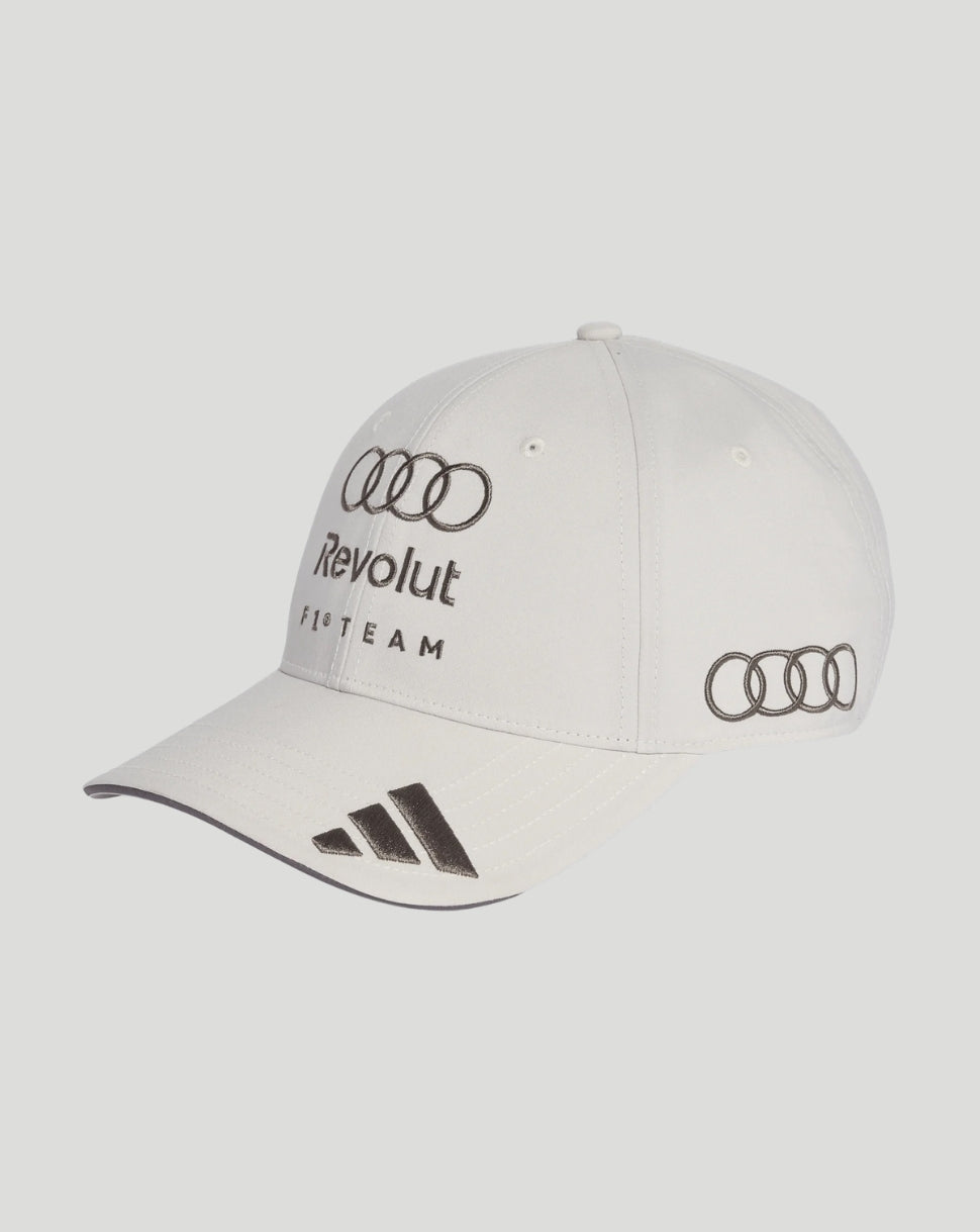 White Audi Team cap with Revolut F1 Team embroidery and Audi rings on front; Adidas logo on curved brim