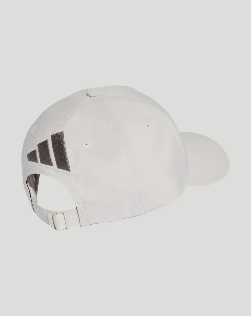 Back view of white Audi Team cap with adjustable strap and three Adidas stripes on the side