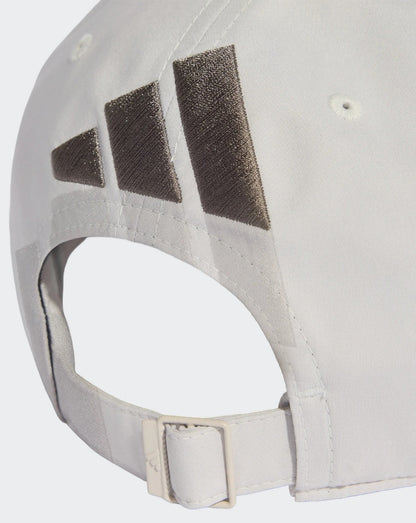 White unisex Audi Team cap with three dark metallic stripes on the side and an adjustable back strap