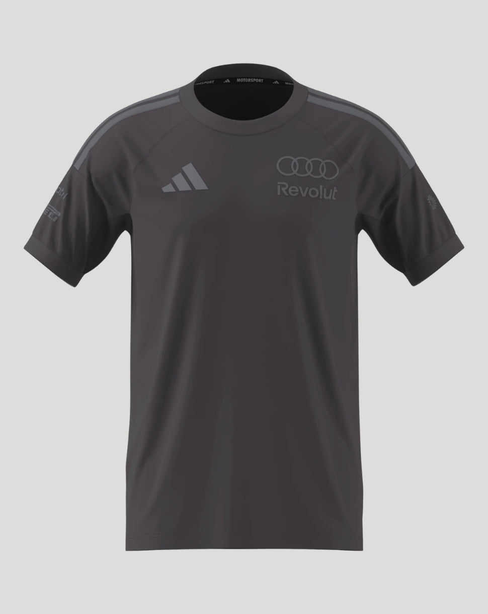 Front view of a grey Audi F1 Team Driver T-Shirt with shoulder stripes and Revolut logo.