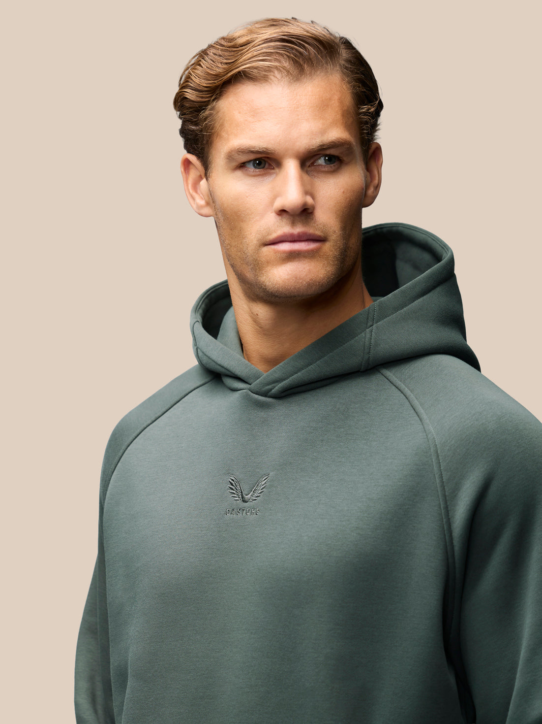 A man wearing a muted sage green hoodie with a small embroidered winged logo on the left chest, set against a solid beige background.